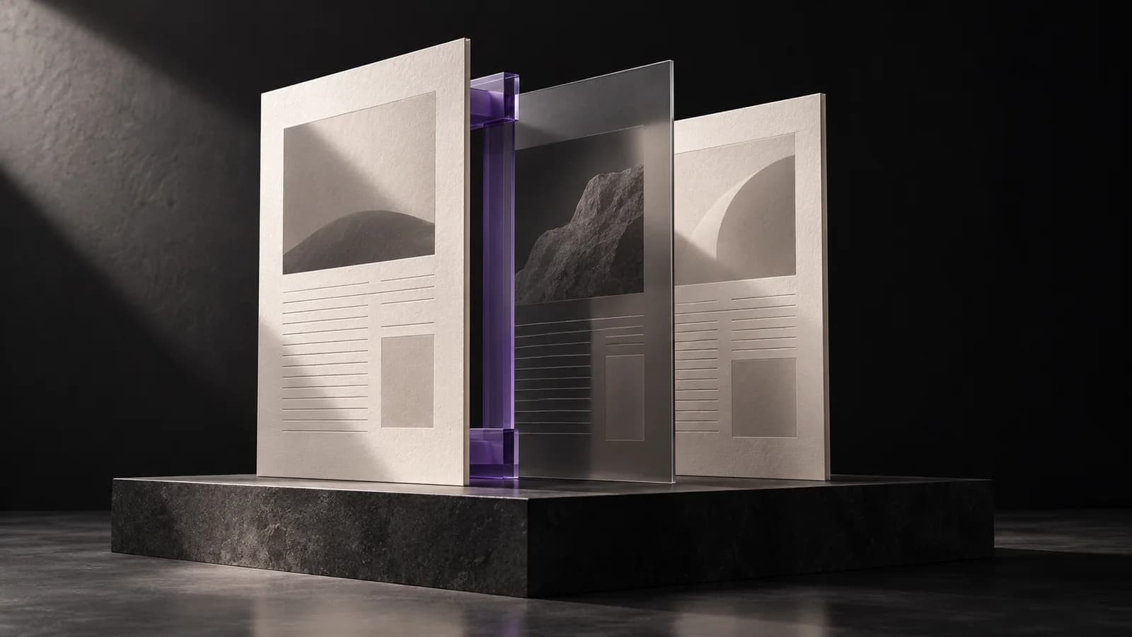 Conceptual publishing artwork: layered paper and smoked-glass pages joined by a violet spine.