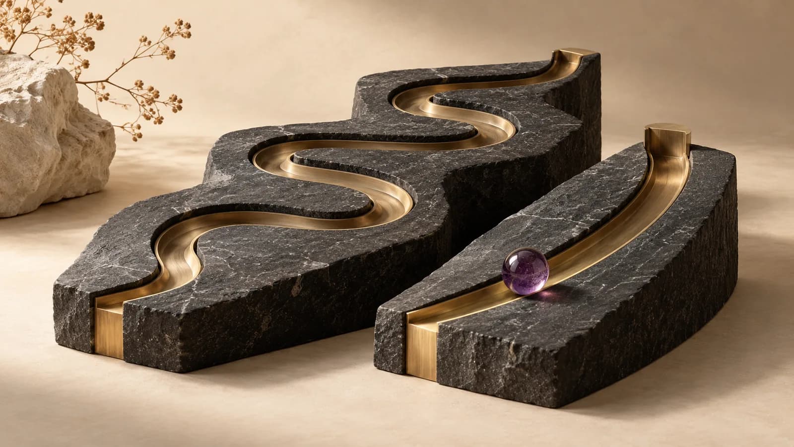 A violet marble sits in a short brass channel beside a longer winding channel carved in dark stone.