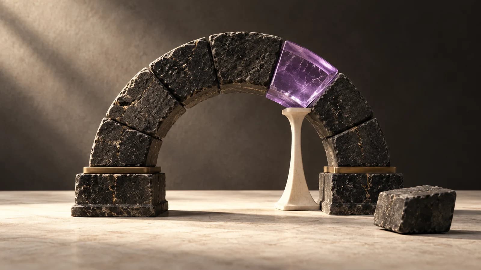 A dark stone arch has one violet glass replacement segment held by a temporary ivory support.