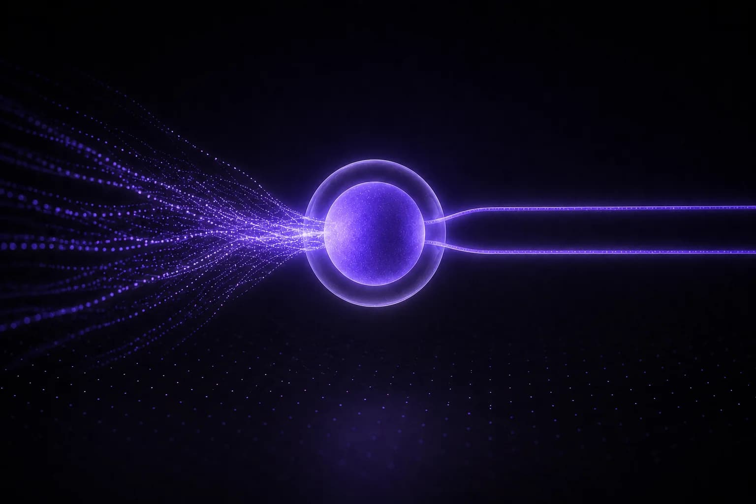 Streams of particles converging into a glowing glass core and exiting as orderly lines