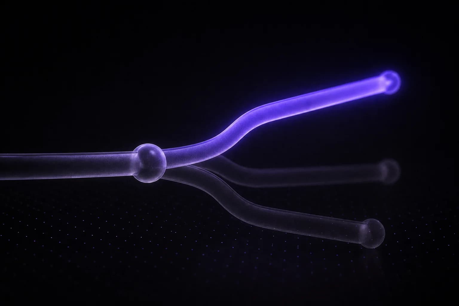 A glass path splitting into three routes, one glowing violet
