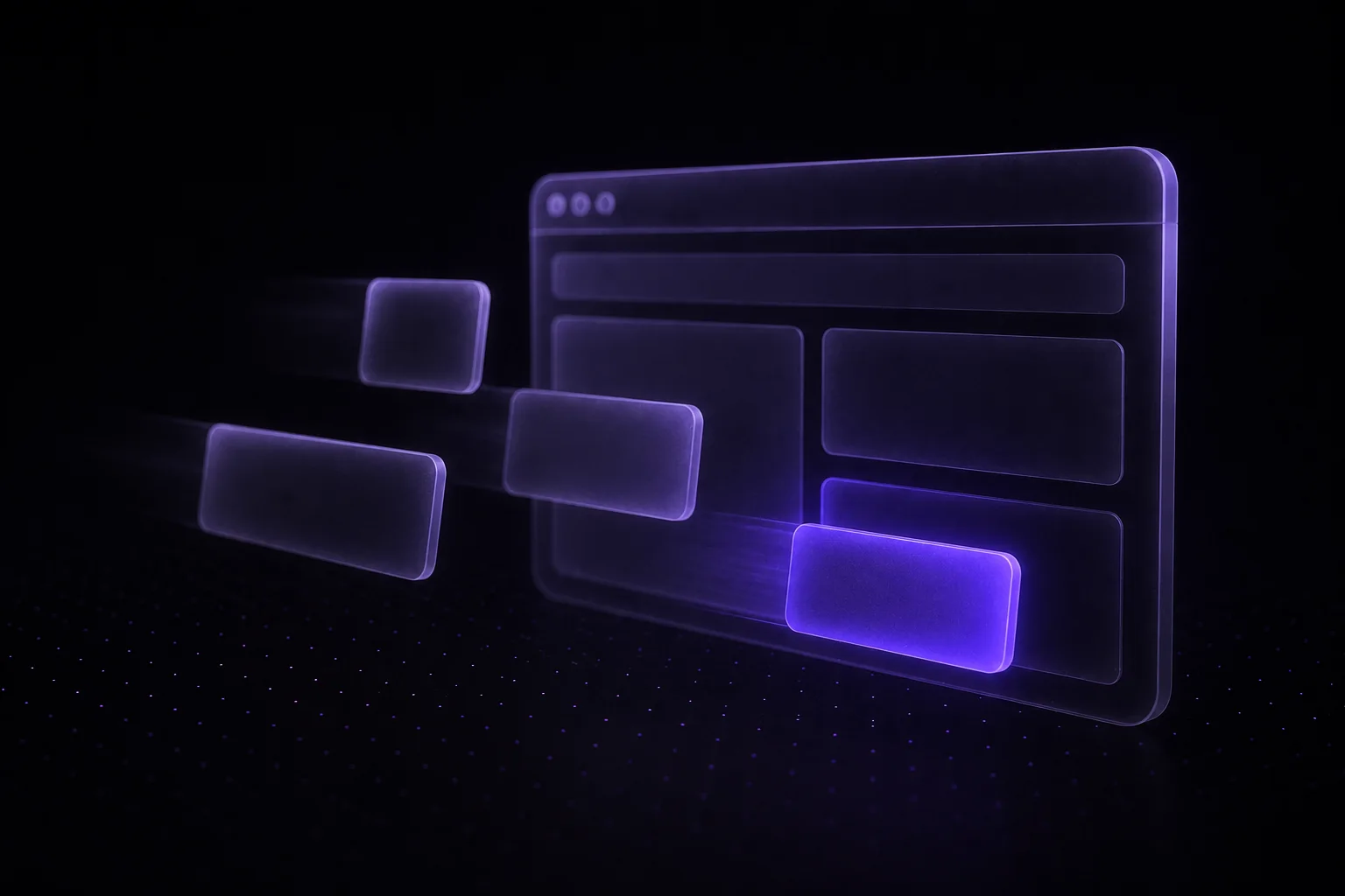 Translucent interface panels docking into a frosted-glass browser window