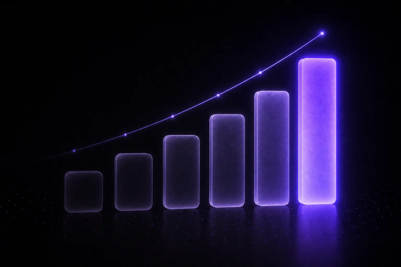 Ascending frosted-glass bars with a rising trend line, the tallest glowing violet